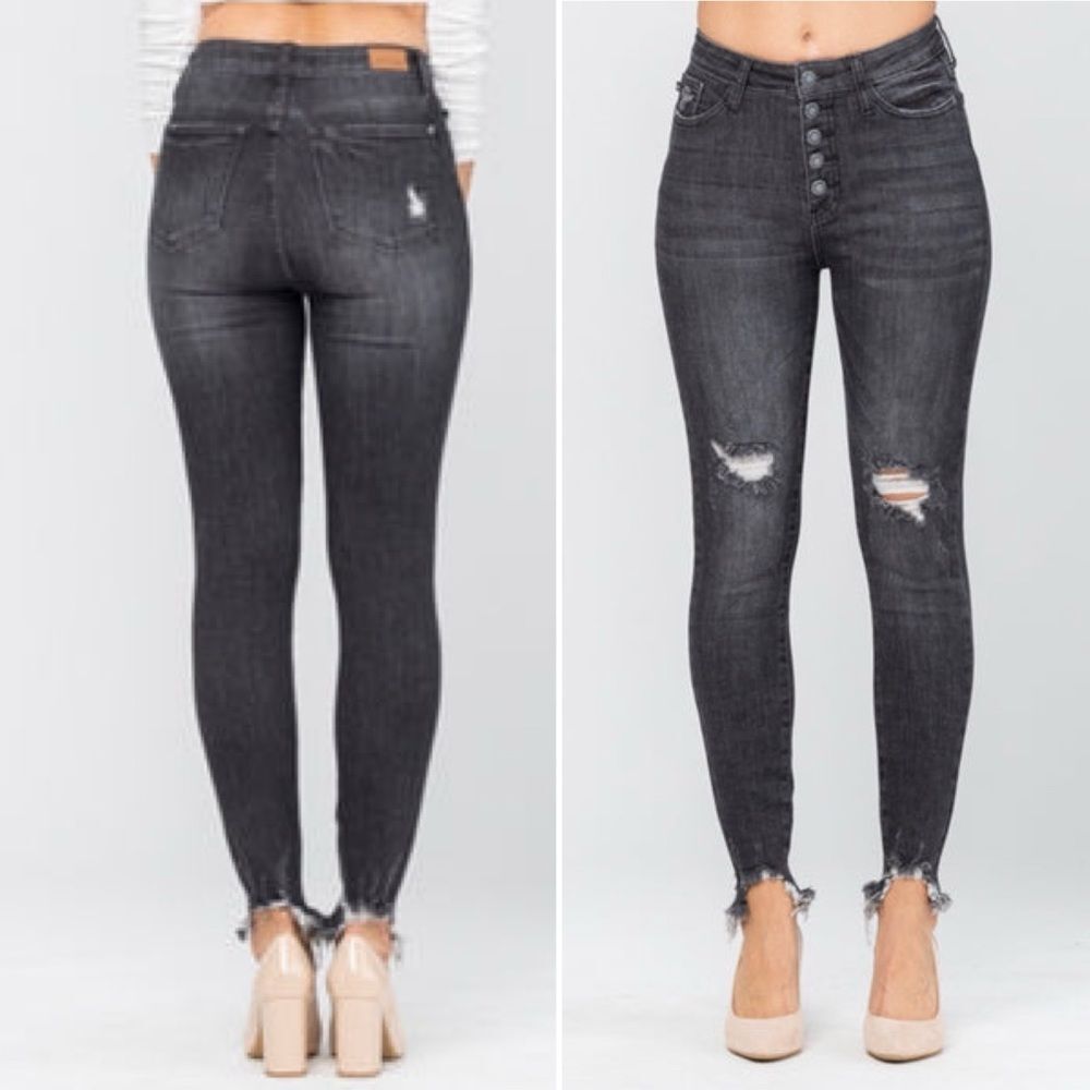 NWT Judy Blue Destroyed Button-Fly Skinny Jeans Black Wash Denim Size 14W NEW